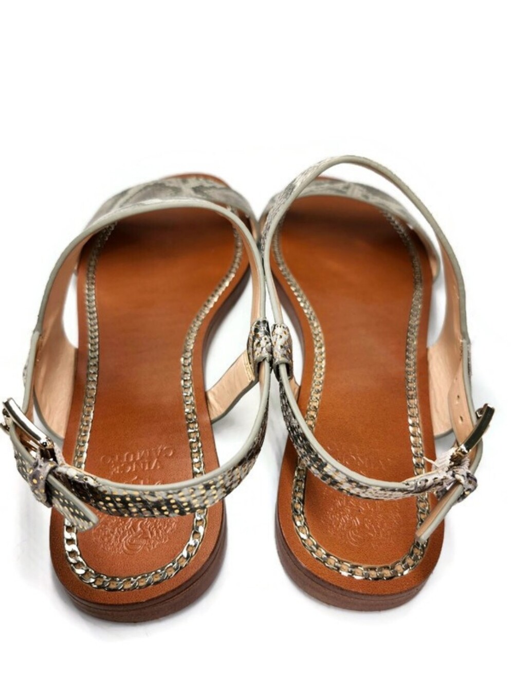 Vince Camuto Rentin Grey & White Snake Print Gold Shimmer Leather Flat Sandals - Picture 8 of 13